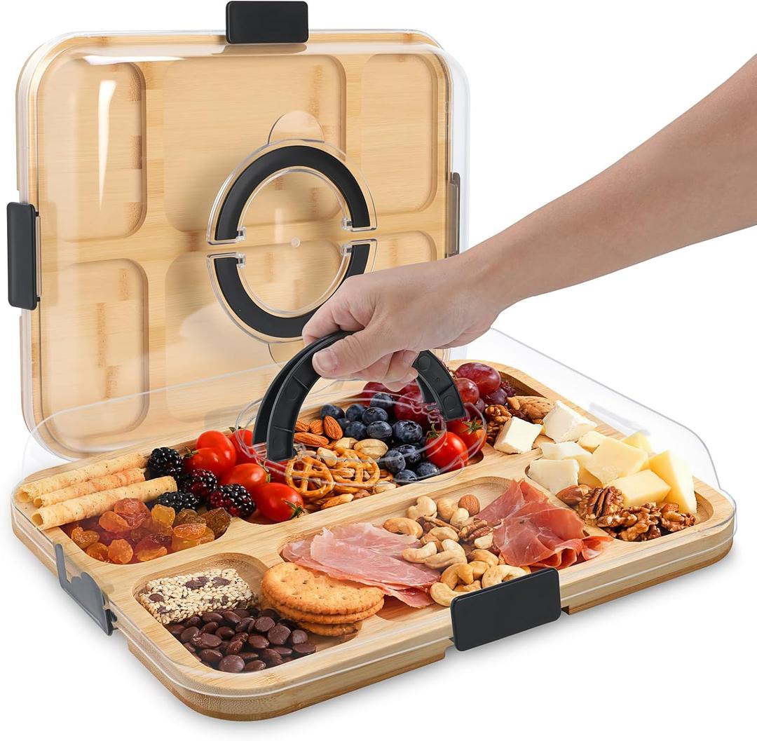 Bamboo Charcuterie Boards with Lid, Travel Portable Cheese Board & Serving Tray with Clear Cover, Charcuterie Boxes for Picnic, Kitchen, Housewarming Gifts for Women & New Home (6 Compartments)