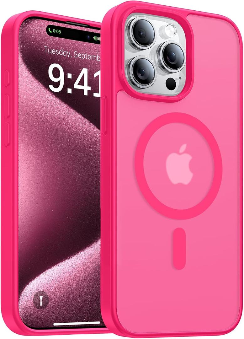 Magnetic for iPhone 15 Pro Max Case, [Compatible with MagSafe][Military-Grade Drop Protection][Anti-Yellowing] Shockproof Translucent Matte Cover for iPhone 15 Pro Max Phone Case,Hot Pink
