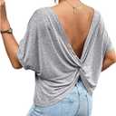 Women's Backless Twist Knot T Shirt Oversized Solid Short Sleeve Tees Open Back Asymmetrical Hem Casual Tops (Grey)