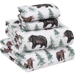 RUVANTI Flannel Sheets Full Size  100% Cotton Double Brushed Bed Sheets Set, Deep Pockets 16 Inches, All Seasons Breathable & Extra Soft Full Sheets, Warm & Cozy, 4 Piece, Bear & Tree
