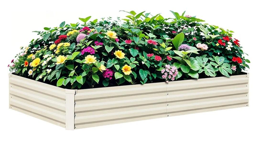 Raised Garden Bed Beige, 6x3x1ft Galvanized Raised Garden Bed Outdoor Metal for Gardening Vegetables Flower Garden Planter Box Large Raised Bed with Gloves and 3ftx30ft Weed Barrier Fabric