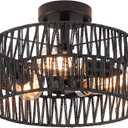 Hchunqjor 3-Light Coastal Black Woven Flush Mount Light Fixture Rustic Industrial Hemp Rope Flush Mount Ceiling Light for Hallway Bedroom Kitchen Entryway Farmhouse Living Room, Black