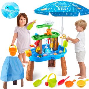 Water Table for Toddlers 3-5 with Umbrella Outdoor Toys for Kids Ages 4-8 Kids Sand Water Table with Fishing Game Set Activity Sensory Table with Water Pump Summer Gift for Kids
