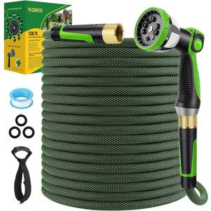 Non-Expandable Garden Hose 100 FT, Lightweight Hose with 10 Function Spray Nozzle, Kink-Free Flexible Water Hose, Durable, Leak-Proof, 360 Swivel Connectors, Portable Storage Strap
