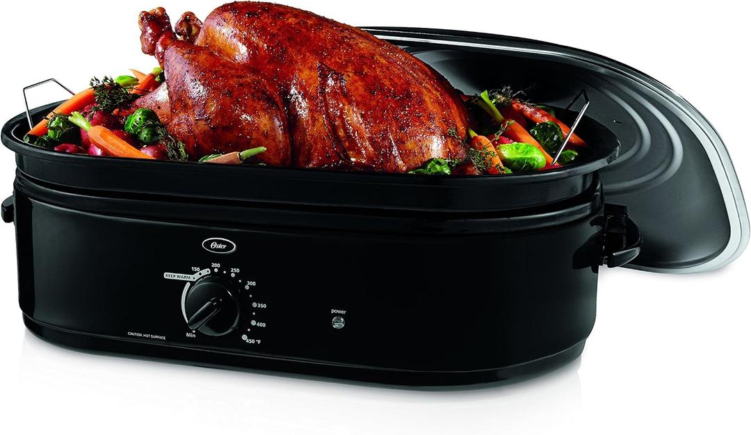 Oster CKSTRS18-BSB-W 18-Quart Roaster Oven with Self-Basting Lid, Black, 
Product Dimensions	17.5"D x 24.4"W x 9.7"H
Capacity	18 quarts