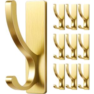 pickpiff Adhesive Wall Hooks for Towels - Sticky Hook Hanging Heavy Duty (13lb), Hanger for Door, Bathroom, Dorm, Closet - for Coats, Purse, Bag, Robe - No Damage to Wall - Gold 10 Pack