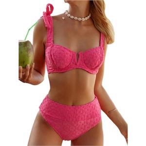 Women's High Waisted Bathing Suit Tie Shoulder Underwire Summer Swimsuit Bikini Set (Pink, Medium)