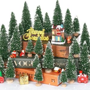 30Pcs Mini Christmas Tree Decor, Artificial Christmas Tree 5 Sizes,Mini Sisal Snow Frost Trees with Wooden Base for Christmas Decor Christmas Party Home Table Craft Decorations (B/Green)