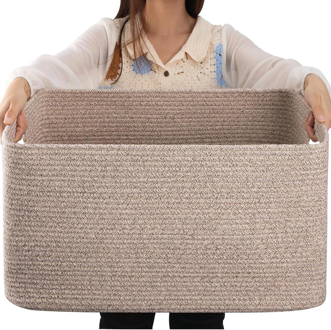 OIAHOMY 75L Large Woven Cotton Rope Storage Basket with Handle for Organizing Blanket and Toys for Living Room, Nursery, Brown Variegated 22x17x12