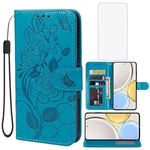 Vavies Case for Honor X9 4G/ Honor X9 5G/ Honor X30/ Honor Magic4 Lite Wallet Case with Tempered Glass Screen Protector, Flower Leather Flip Credit Card Holder Stand Phone Cover for Huawei Honor X9 Blue
