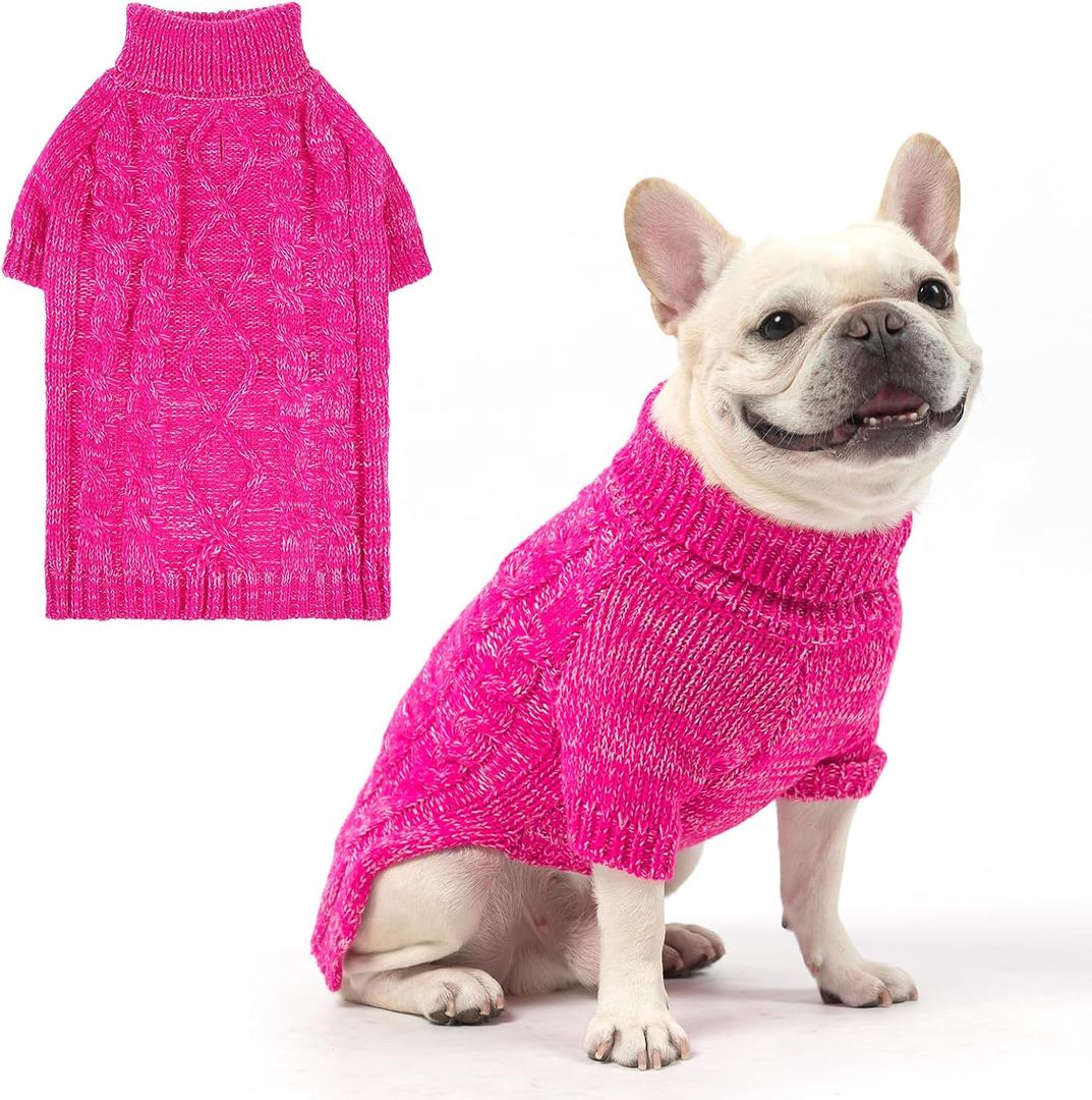 KOOLTAIL Dog Sweater for Large Medium Small Dogs, Fall Dog Sweaters, Turtleneck Cable Knitwear Pet Cold Weather Coats with Leash Hole, Warm Winter Pullover Clothes for Bulldog, Yorkie,Boy Girl,Rose S/M