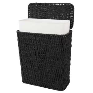 Coeusy 3 Gallon Paper Rope Bathroom Trash Can, Small Wicker Trash Cans with Lid and Liner, Woven Rattan Narrow Waste Basket for Bedroom, Office, Black