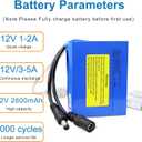 KBT 12V 2600mAh Rechargeable Lithium Battery Pack with Charger & DC5521 Connector & 5V Output 3-in-1 Charging Port for 12V Devices, Mobile Phone, RC Car, Boat, Fan, Radio, CCTV Camera
