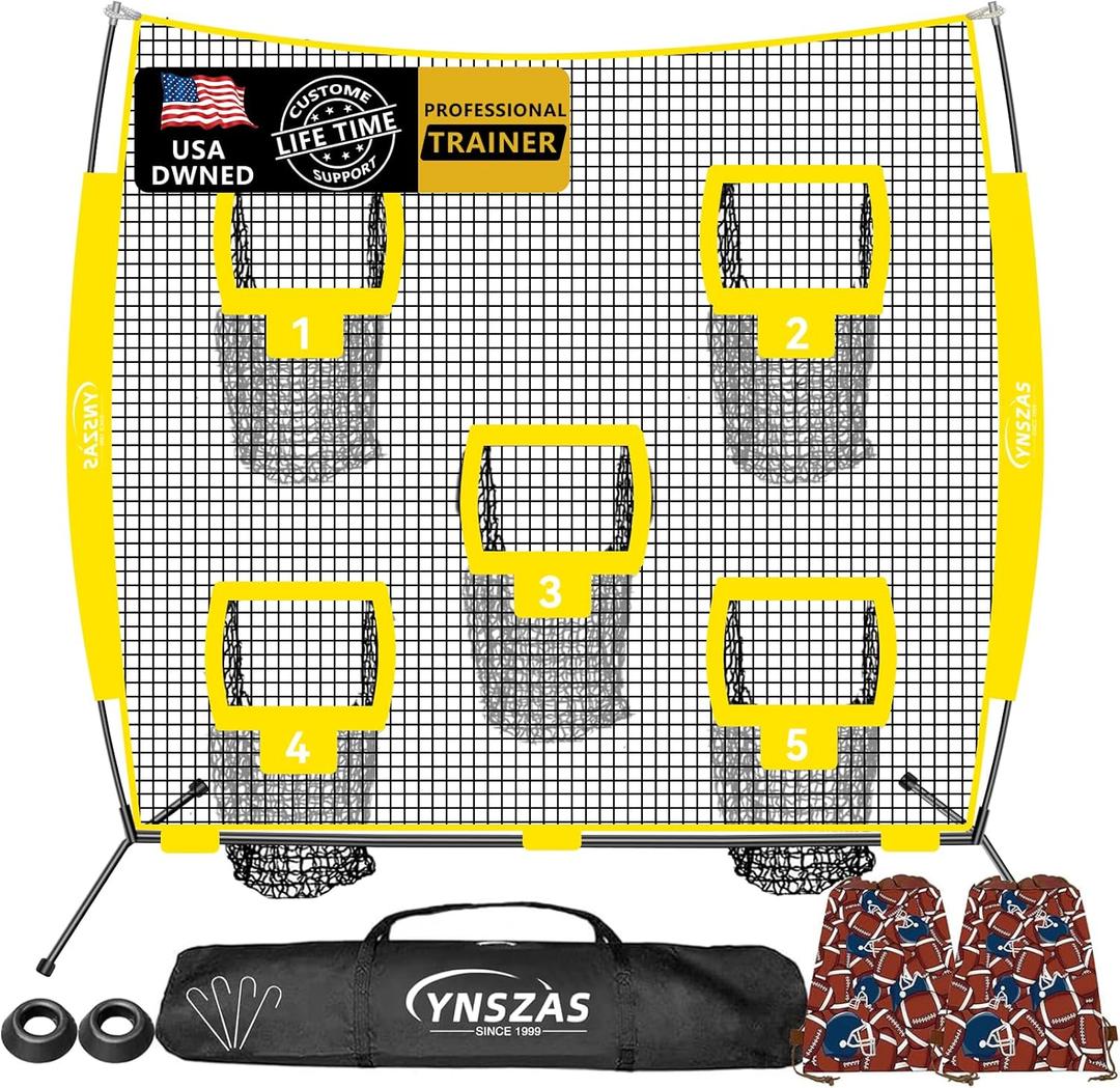 [5-in-1] Football Throwing Target Net, 8x8 FT, Portable Football Training Equipment Accessories, Upgraded Weather Resistance Quarterback Practice Toss Thrower Trainer Gear Launcher (Yellow)