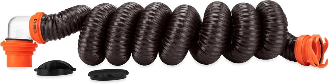 Camco RhinoFLEX 15-Ft Camper/RV Sewer Hose Kit - Features Clear Elbow Fitting w/Removable 4-in-1 Adapter - Connects to 3 Slip or 3/3.5/4 NPT Threaded Sewer Connection (39761)