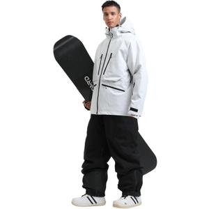 GSOU SNOW Mens Ski Jacket and Pants Set Baggy Snowboard Suit Ski Snowsuit Snow Bibs Waterproof Hooded (X-Large, Grey Black)