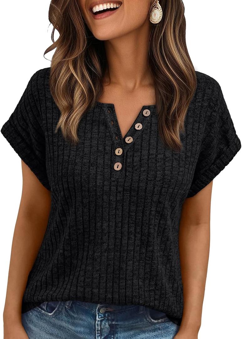 AUTOMET Women Tops Summer Sweaters Short Sleeve V Neck Henley Shirts Dressy Button Blouses (Black, M)