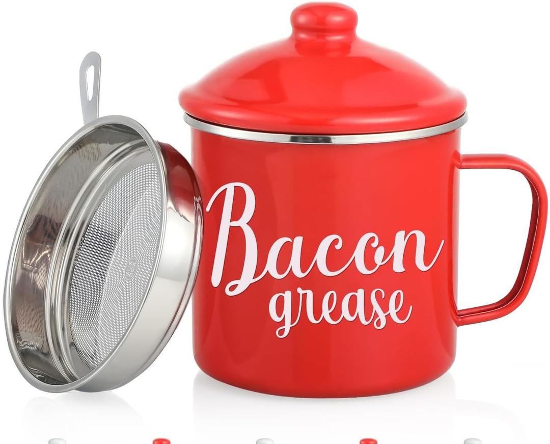 46OZ LARGE Bacon Grease Saver with Fine Mesh Strainer & Handle - Enamel Oil Keeper Container, Bacon Fat Dripping Can - Farmhouse Kitchen Gift & Decor Cooking Accessories - Red, Style 3