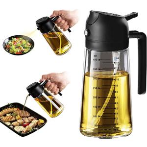 X&E 16oz/470ml Glass Olive Oil Sprayer for Cooking, 2 in 1 Olive Oil Dispenser Bottle, Food Grade Oil Mister for Kitchen Gadgets, Air Fryer Accessories, Salad & BBQ Black