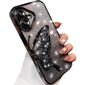 for iPhone 16 Plus Glitter Butterfly Case,Cute Luxury Bling Sparkle Liquid Flowing with Camera Lens Protector Soft TPU Plating Bumper Shockproof Women Girls Case for iPhone 16 Plus 6.7",Black