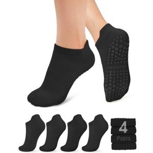 yeuG Pilates Socks for Women Non Slip Grip Socks for Yoga, Barre, Hospital, Barefoot Grippy Yoga Sock Womens Gifts 4 Pairs (Small-Medium, B05-Black*4)