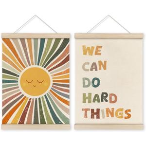 HRQKO Boho We Can Do Hard Things Posters Hanger Frame Set of 2, Kids Wall Art, Boho Inspirational Wall Art with Wooden Frames,Classroom Sun Wall Hanging Banner Decor for Nursery Kids Room, 12x16 Inch