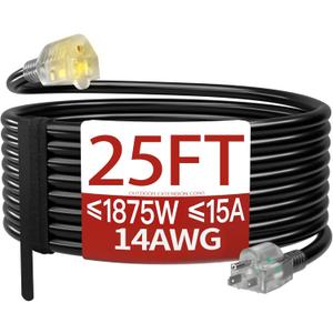 25 FT 14/3 Extension Cord Outdoor, Heavy Duty Weatherproof & Flame Retardant Black 3 Prong Power Cord with Light, Outside for Lawn & Garden, 15 Amps 1875 Watts 125 VAC 14AWG SJTW, ETL Listed