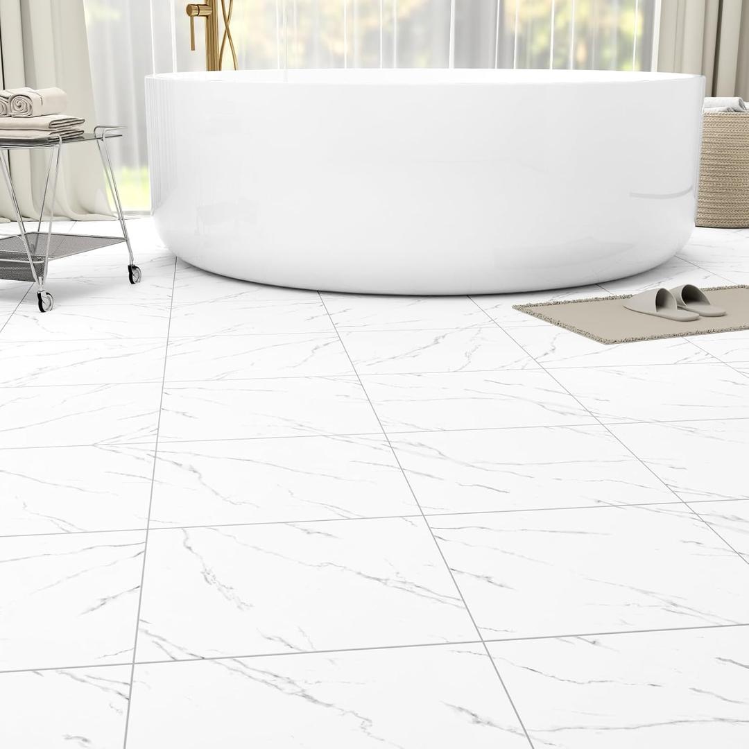 40-Pack Peel & Stick Floor Tiles 12 x 12 inch Vinyl Floor Self Adhesive Waterproof Flooring Planks DIY for Bathroom, Kitchen, Living Room, RV, Cover 40 Sq. Ft, White Vein Marble
