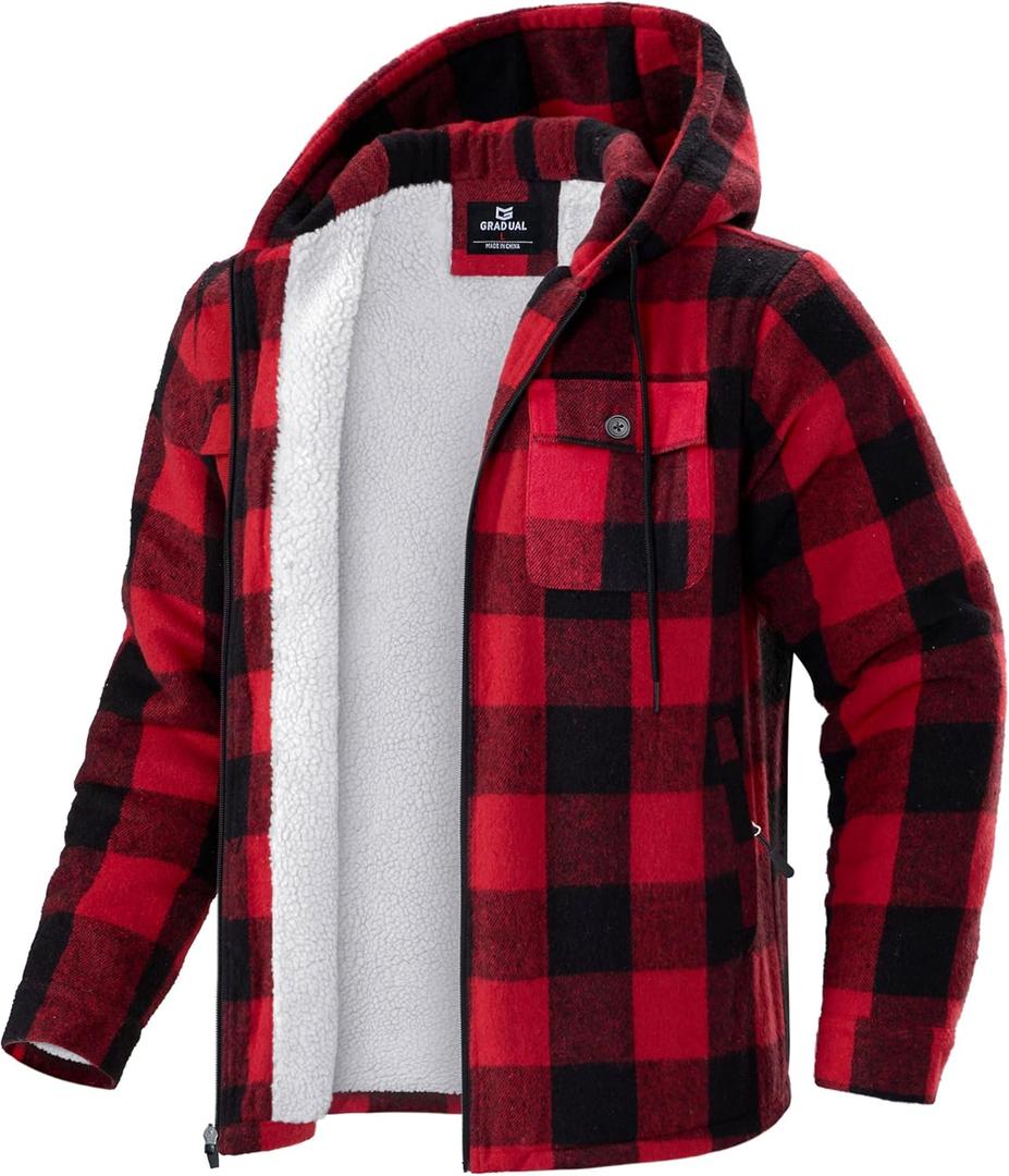 G Gradual Men's Flannel Jacket Fleece Sherpa Lined Hoodies Zip Up Plaid Shirt Warm Winter Jackets for Men with Zipper Pockets (Red, M)