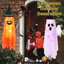 Halloween Decorations, 2 Pack Pre-Installed Lighted Pumpkin Ghost Witch Halloween Decor, Outdoor/Indoor Cute Hanging Decorations Ornaments for Party Wall Yard Tree Porch Home Lawn (Orange and White)