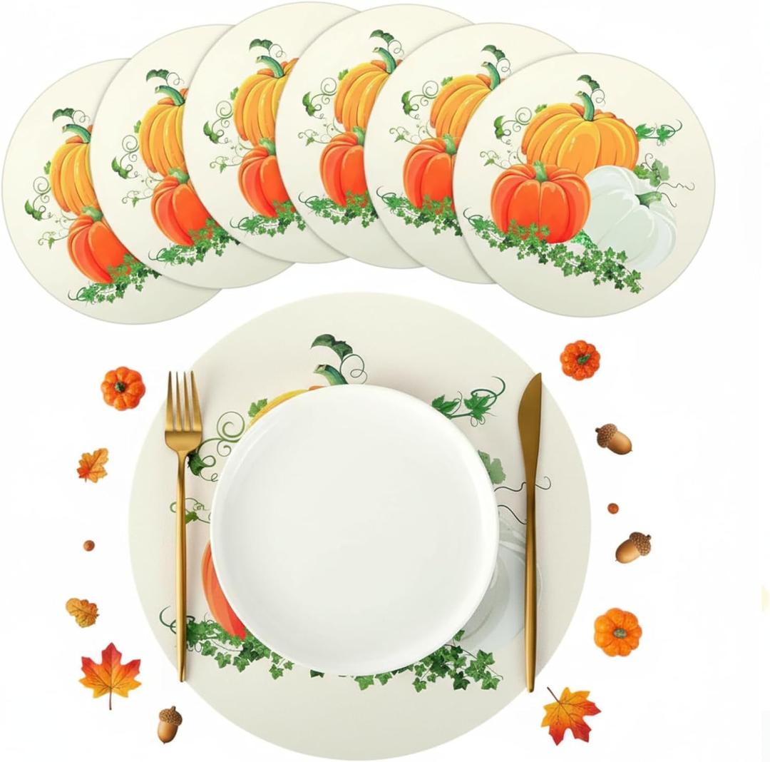 6 Pcs Leather Fall Pumpkin Round Placemats 13 Inch Washable Thanksgiving Pumpkin Place Mats Set of 6 Table Mats for Party Kitchen Dining Table Indoor Outdoor Decoration Gift