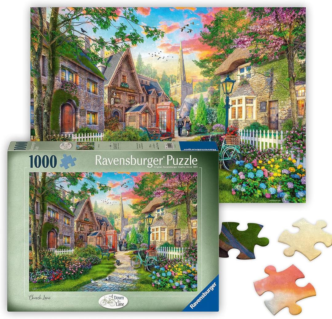 Ravensburger - Church Lane - 1000 Piece Jigsaw Puzzle - Charming English Village Church - Bright, Peaceful Imagery - Frameable - Premium Quality - Puzzles for Adults, 28x20