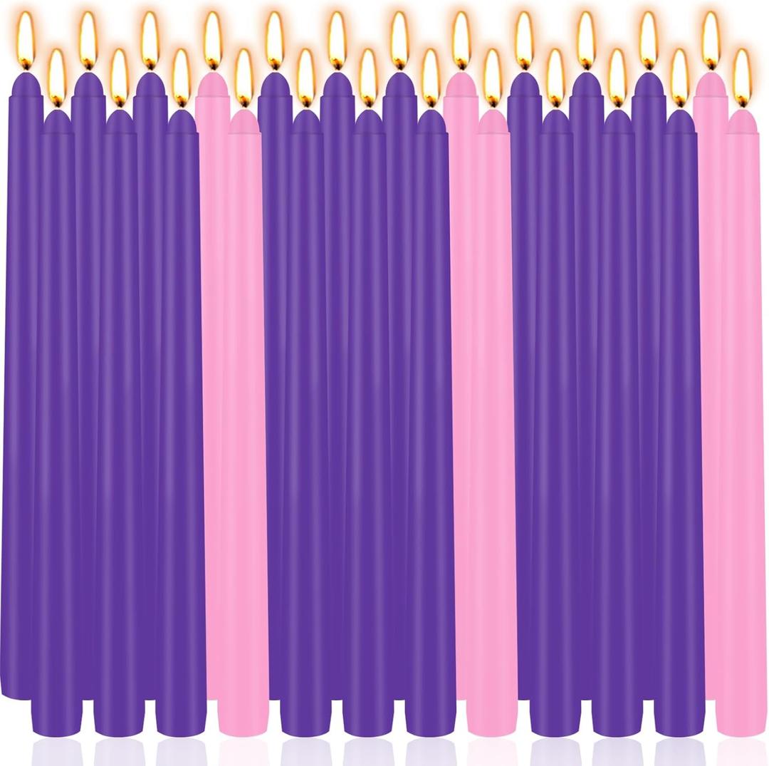 24 Count Advent Candles, 10 Inch Purple and Pink Christmas Wreath Candles - 18 Purple & 6 Pink Complete 24-Day Advent Candle Set for Church, Home Decor, Long-Lasting Holiday Season Candle