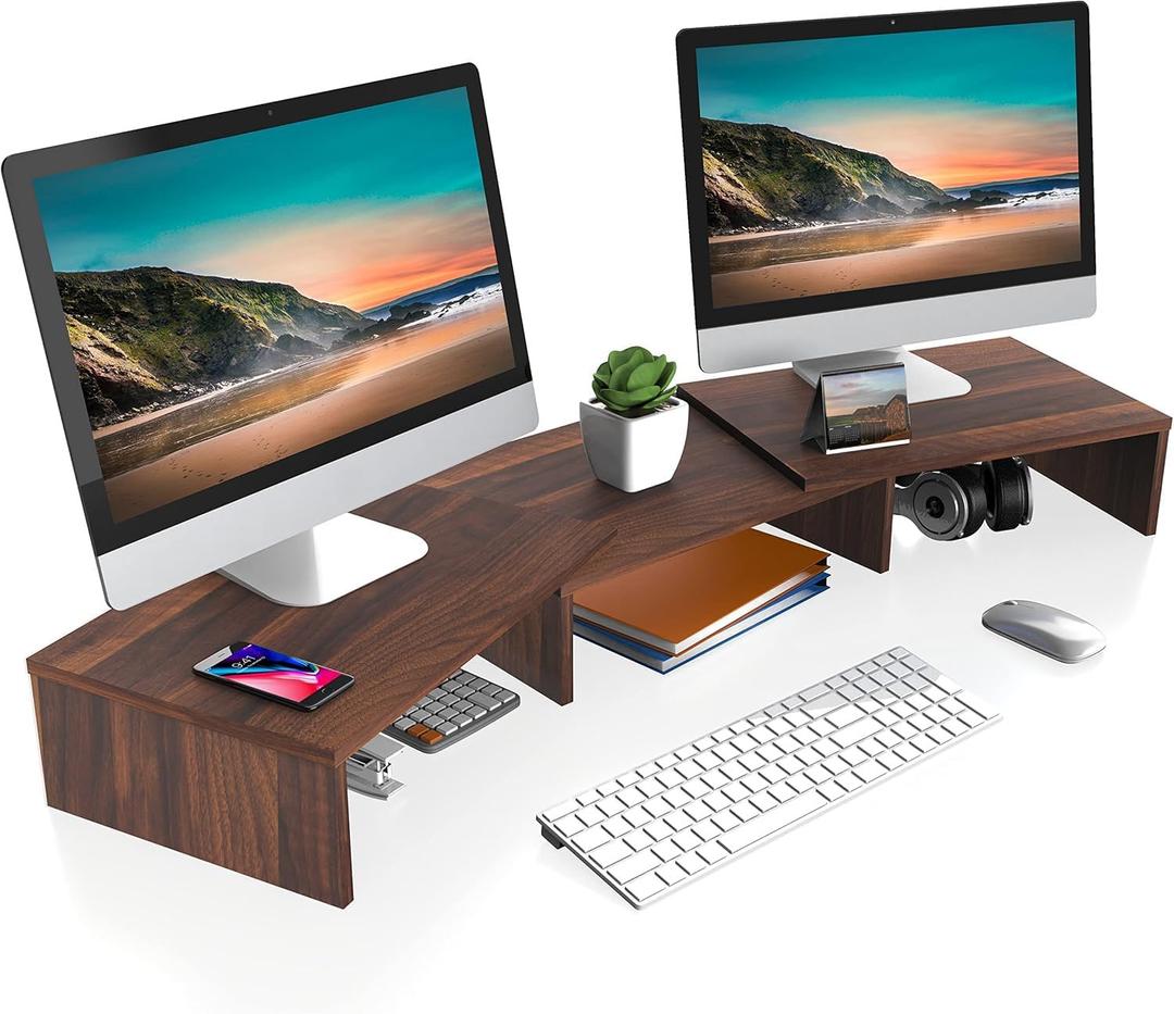 FITUEYES Dual Monitor Stand 3 Shelf Computer Monitor Riser, Wood Desktop Stand with Adjustable Length and Angle, Desk Accessories, Office Supplies Medium Brown, DT108002WB