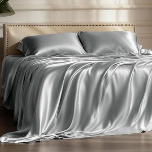Bedsure Satin Sheets Queen Size - 4 Piece Silky Bedsheets with Elastic Corner Straps and 15 Inches Deep Pocket Fitted Bedsheet,1 Flat Sheet, 2 Satin Pillowcases, Good for Hair &Skin(Queen,Silver Grey)