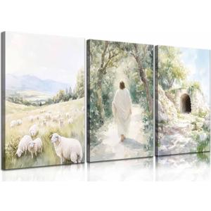 3 Pcs Christian Canvas Wall Art Modern Christian Bible Sheep Jesus On The Way Empty Tomb Painting Picture Wall Decor Bible Sketch Poster Prints for Office Living Room Bedroom Home Decoration, 24L"x16W"