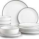 Plates and Bowls Sets for 4,12 Pieces Ceramic Dish set, White Dinnerware Set for Kitchen, Modern Design Plate Sets with Black Rim, Microwave and Dishwasher Safe