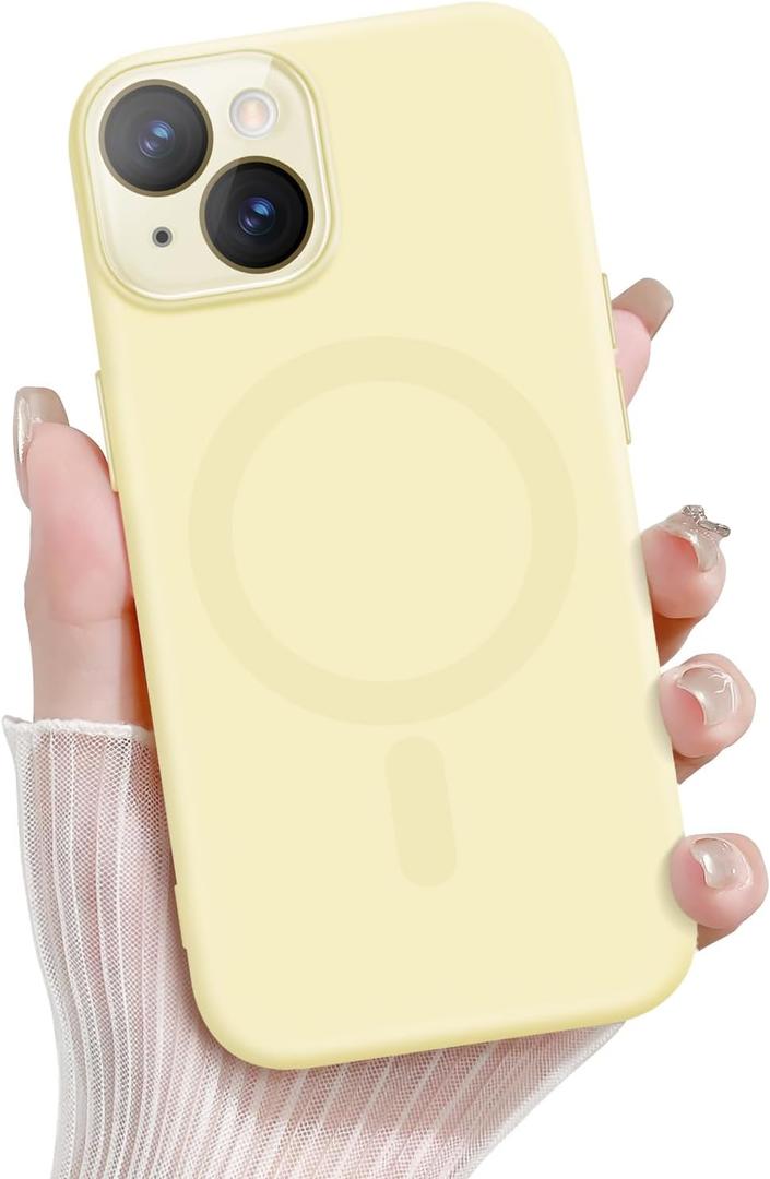 iPhone 15 Magnetic Case, Cute Soft Liquid Silicone Case for Women Girls Men Anti-Scratch Anti-Drop Shockproof Bumper Full Camera Lens Protection Case for iPhone 15, Yellow