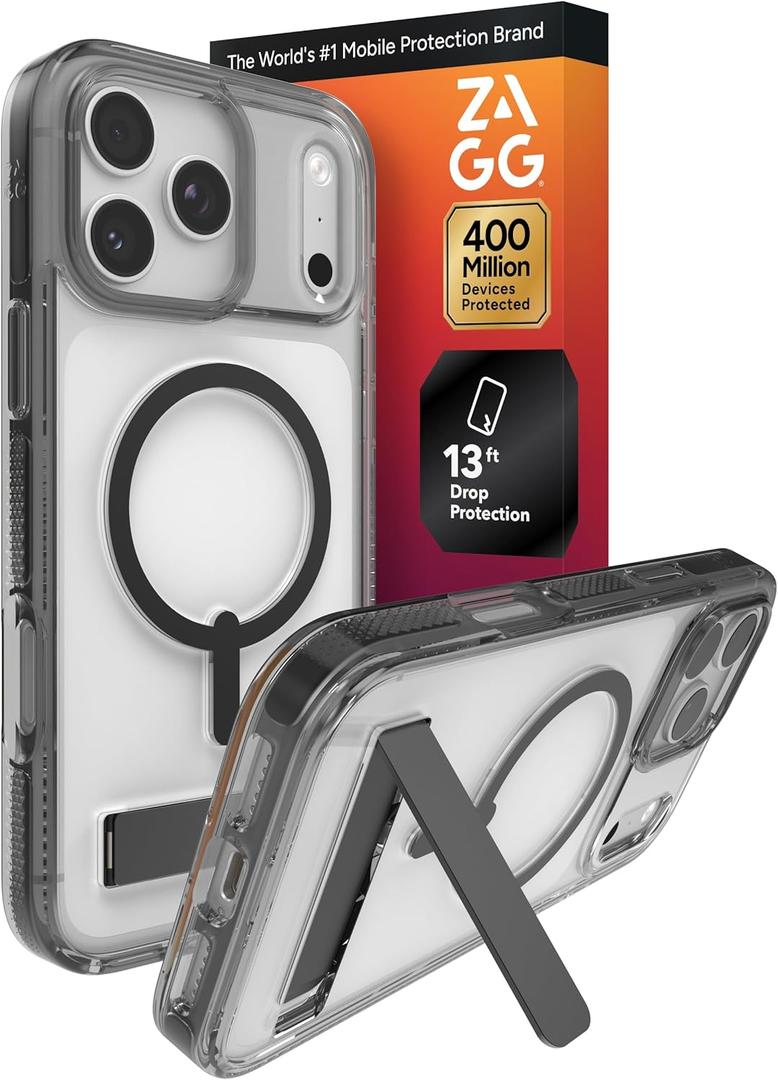 ZAGG Santa Cruz Snap Case with Kickstand for iPhone 17 Pro Max - Jet Black, Drop Protection (13ft/4m), MagSafe Charging Compatible, ClearGuard Anti-Yellowing Technology, Scratch Resistant Phone Case