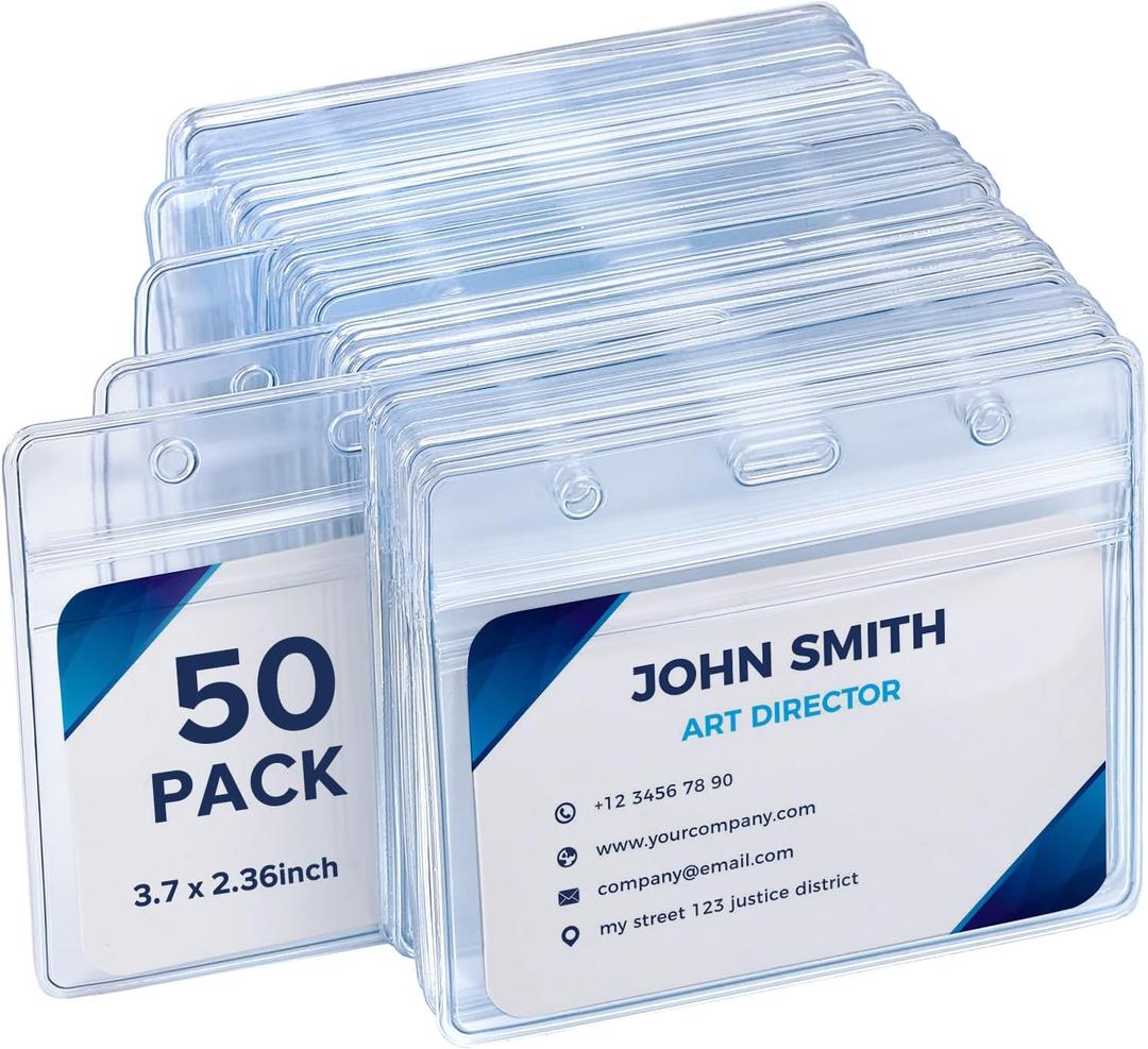 50 Pack Extra Thick Horizontal Badge Holder Plastic Clear ID Card Holder with Resealable Zip Waterproof Name Tag Holders