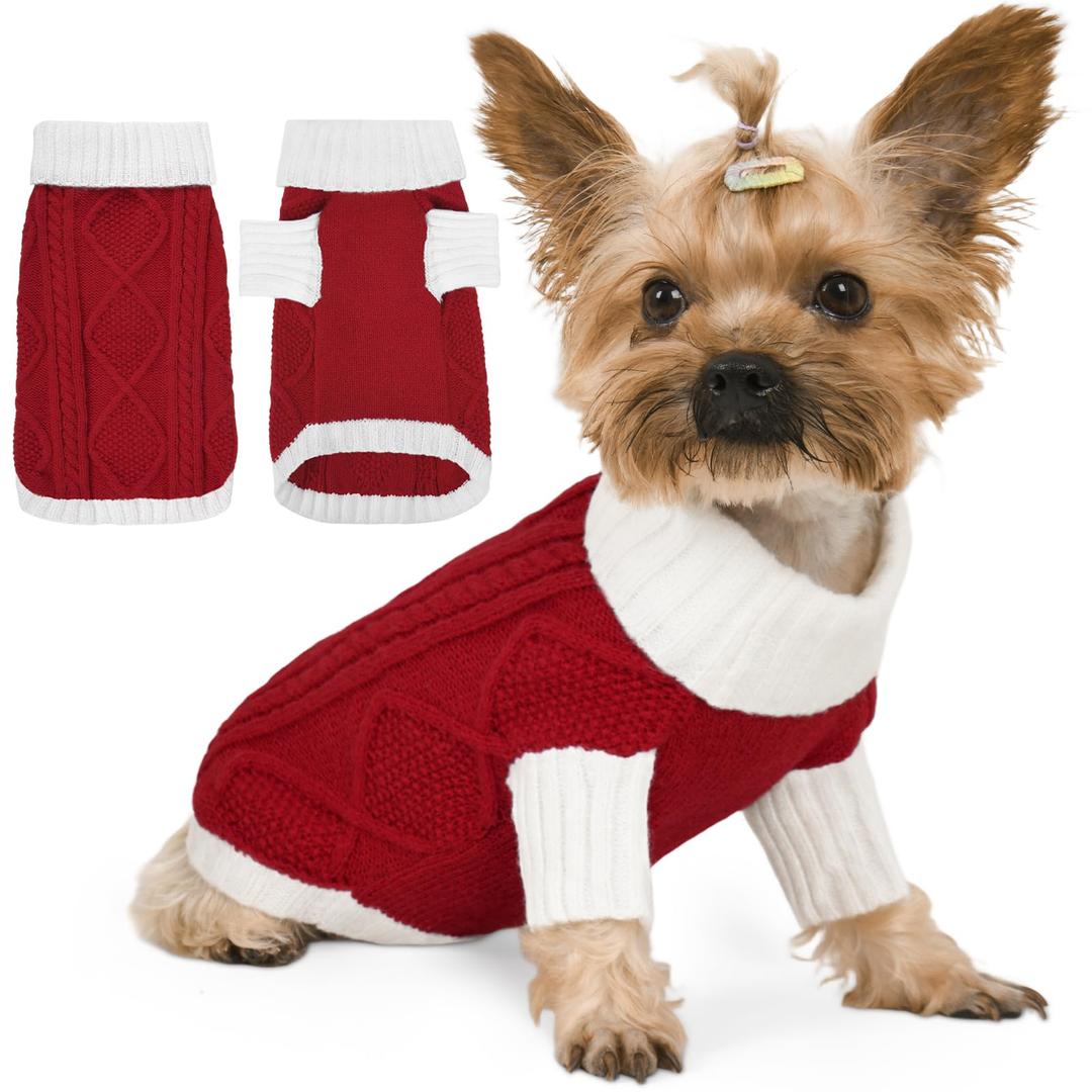 Lorehelina Dog Sweater for Small Dogs Argyle Cable Knit Turtleneck Pullover Winter Clothes for Boys Girls Stretch Chihuahua Yorkie Puppy Christmas Doggie Pet (S, Red)