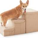 Dog Stairs with Storage, 3Step Sturdy Dog Steps for Small Medium or Large Older Dogs Cats, Folding Pet Stairs Climbing Sofas, high beds, Windows and Cars (Beige, No Condo,16.7" H)