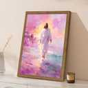 Framed Pink Jesus Wall Art Gifts for Christian, Jesus Walking On Water Canvas Prints, Savior Christian Wall Decor, Inspiring Religious Belief Artwork Decor for Prayer Room 8x10in