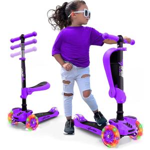 Hurtle 3-Wheeled Scooter for Kids - Wheel LED Lights, Adjustable Lean-to-Steer Handlebar, and Foldable Seat - Sit or Stand Ride with Brake for Boys and Girls Ages 1-14 Years Old (Purple)