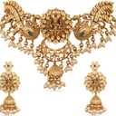 TARINIKA Brass Indian Choker Necklace Set - Gold Plated Cubic Zirconia Indian Jewelry Sets for Women Dangle, Drop, Jhumka Earrings Traditional Desi Necklace Pearls Gift for her
