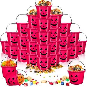 Tanlade 12 Pcs Halloween Pumpkin Bucket 9 Inch Candy Storage Pail Trick or Treat Basket Portable Jack O Lantern for Halloween Party Decoration (Pink)