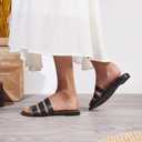 Women's Flat Sandals Dressy Open Toe Round Toe Slide Sandals Comfortable Casual Beach Slip on Slippers for Summer (Black)