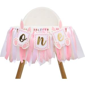 Pink Bunny One High Chair Banner - Some Bunny Is One Banner, Easter Bunny 1st Birthday Highchair Banner, Bunny Princess 1st Birthday Decorations, Pink Ribbon High Chair Garland (Bunny Banner One)