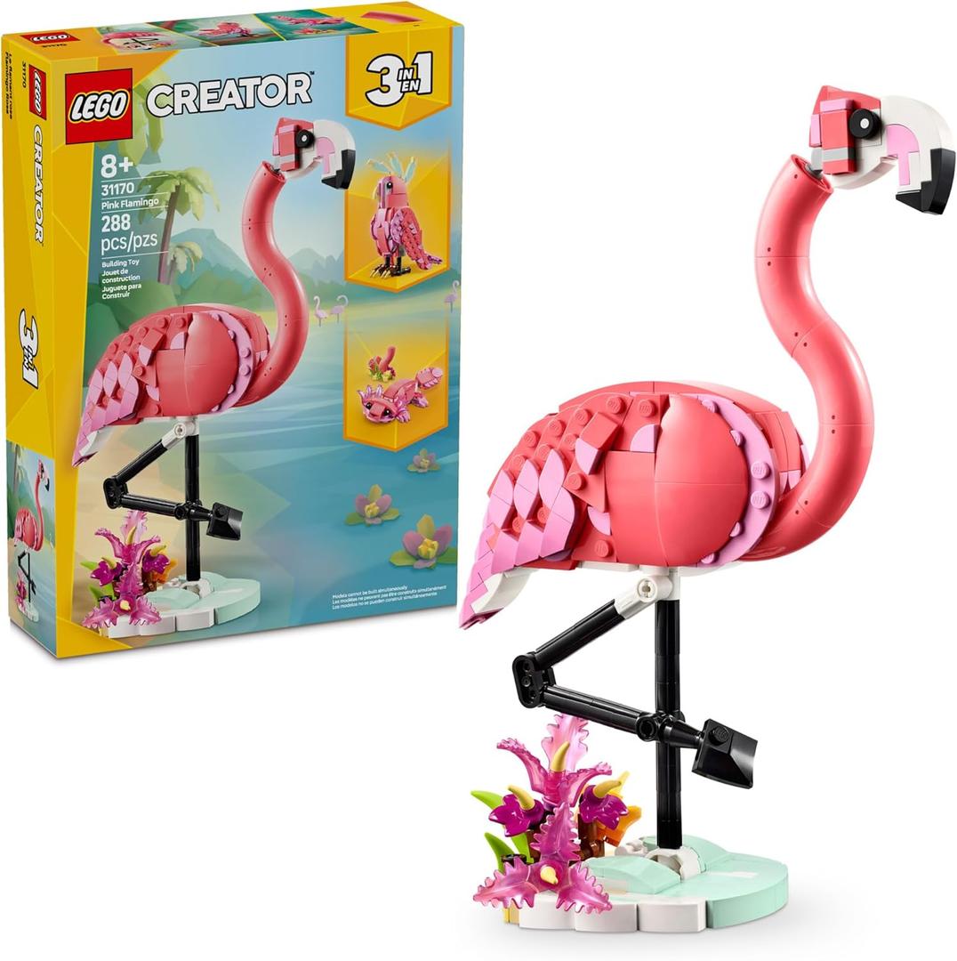 LEGO Creator 3 in 1 Wild Animals: Pink Flamingo Animal Building Toy - Includes 3 Building Options, Pink Flamingo, Cockatoo, or Axolotl - Learning Toy for Kids, Girls, and Boys, Ages 8+ - 31170