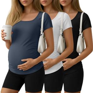 3 Pack Women Maternity T-Shirts Yoga Short Sleeve Side Ruched Tees Athletic Casual Tops Workout Pregnant Clothes (XL)